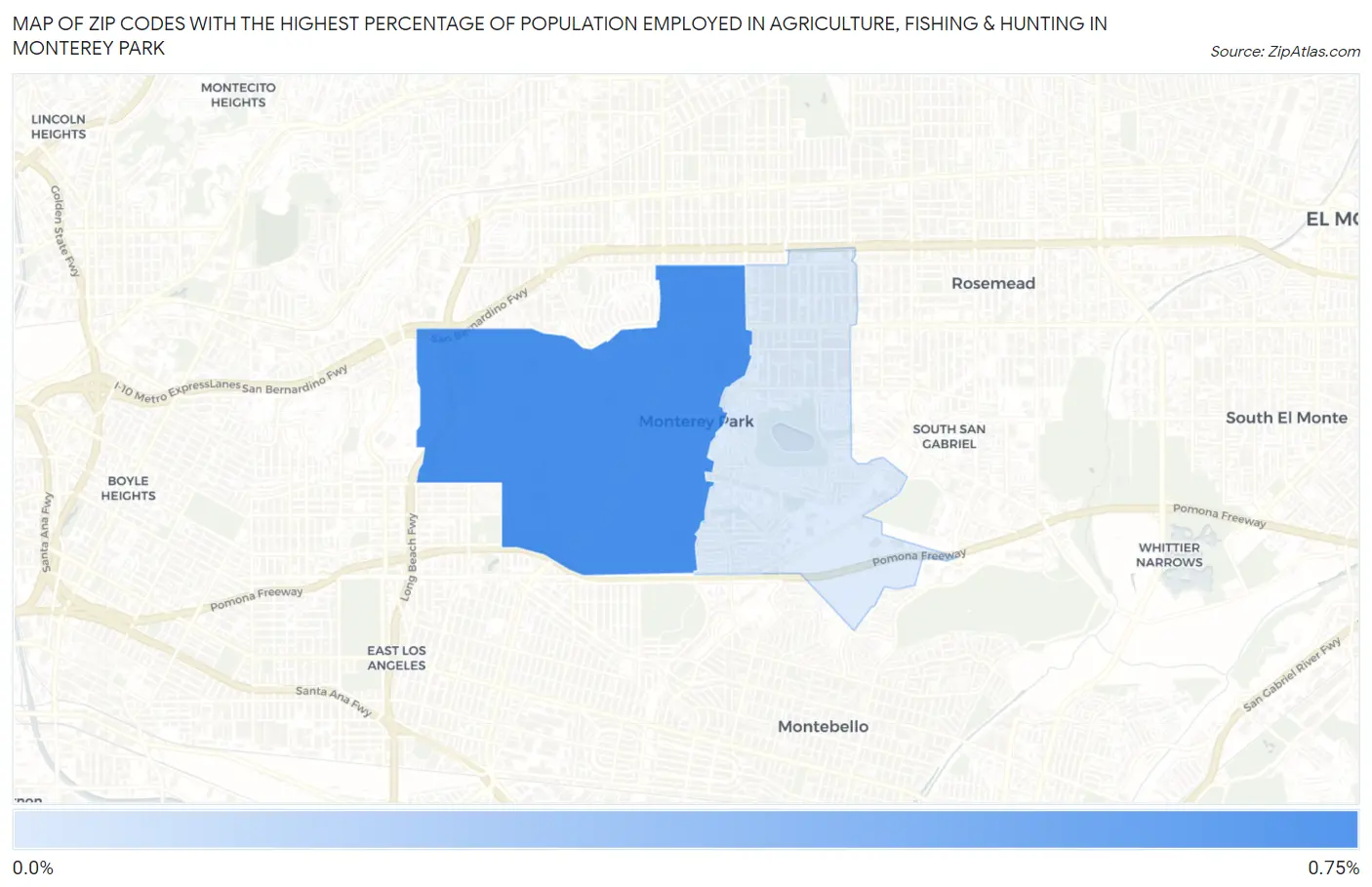 Zip Codes with the Highest Percentage of Population Employed in Agriculture, Fishing & Hunting in Monterey Park Map