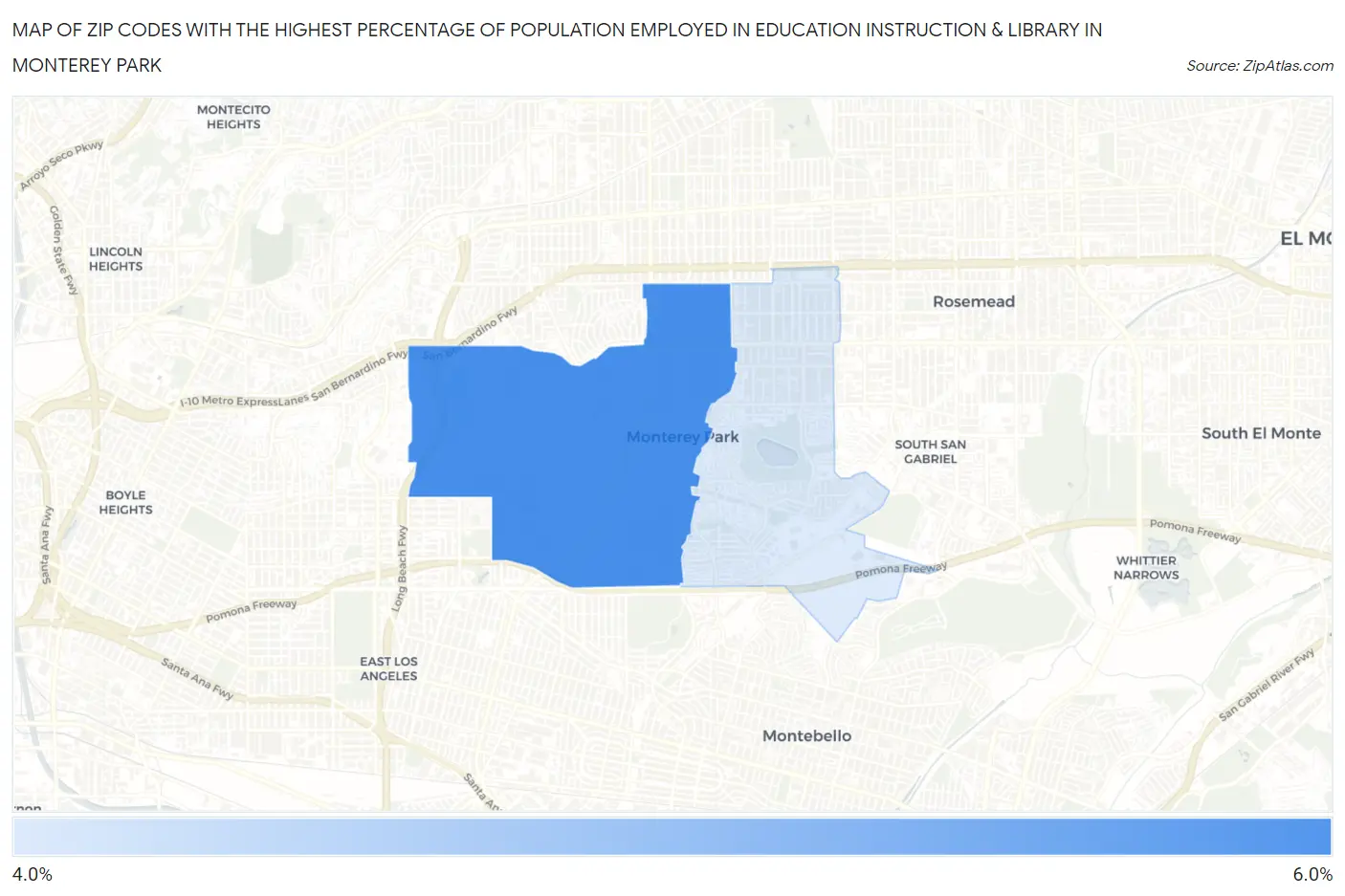 Zip Codes with the Highest Percentage of Population Employed in Education Instruction & Library in Monterey Park Map