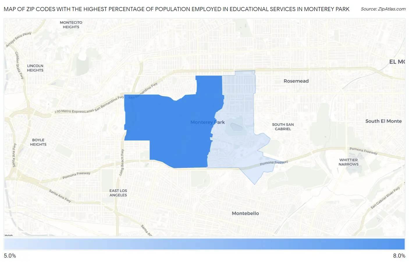 Zip Codes with the Highest Percentage of Population Employed in Educational Services in Monterey Park Map