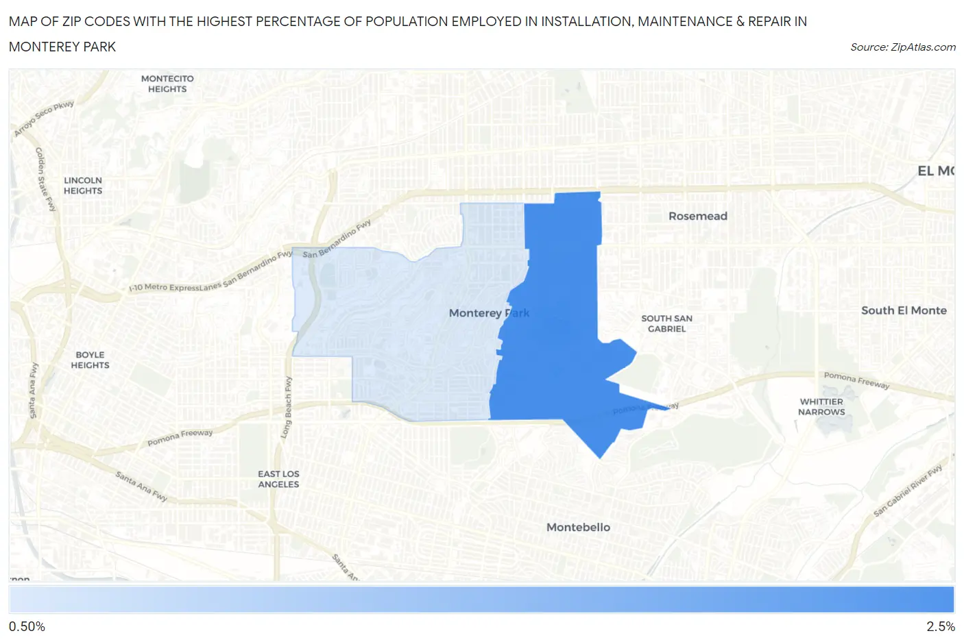 Zip Codes with the Highest Percentage of Population Employed in Installation, Maintenance & Repair in Monterey Park Map