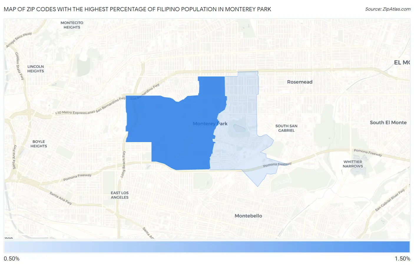 Zip Codes with the Highest Percentage of Filipino Population in Monterey Park Map