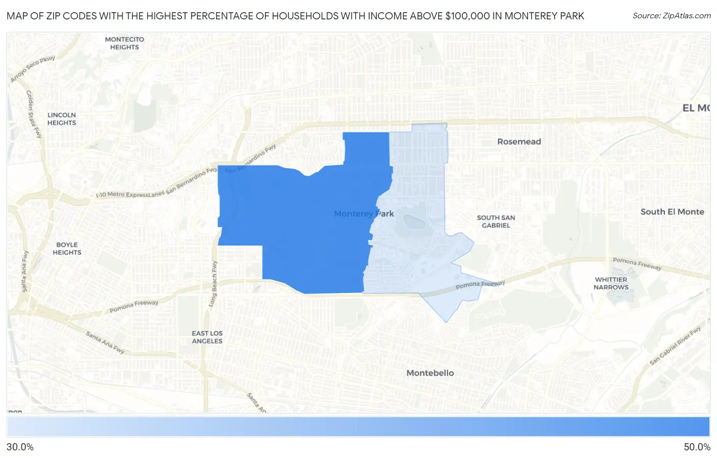 Zip Codes with the Highest Percentage of Households with Income Above $100,000 in Monterey Park Map