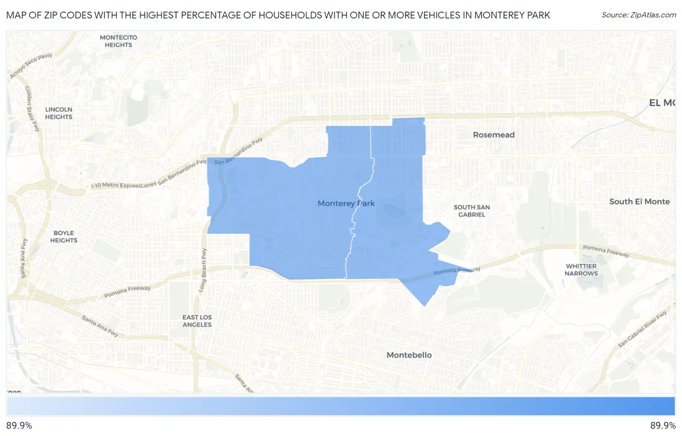 Zip Codes with the Highest Percentage of Households With One or more Vehicles in Monterey Park Map