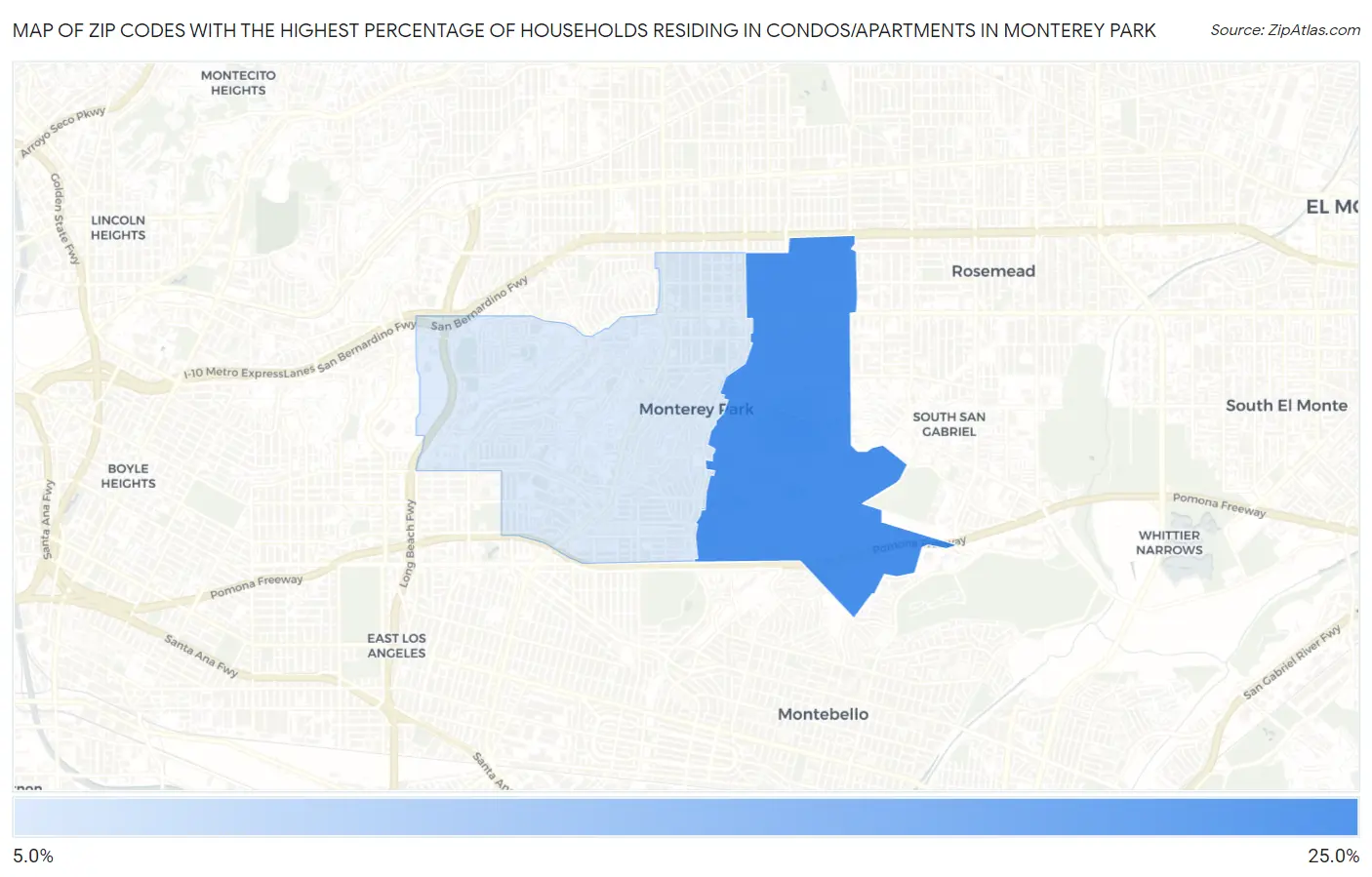 Zip Codes with the Highest Percentage of Households Residing in Condos/Apartments in Monterey Park Map