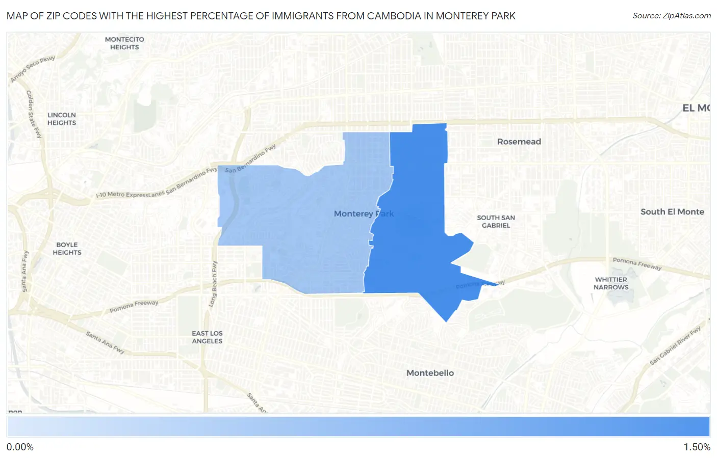 Zip Codes with the Highest Percentage of Immigrants from Cambodia in Monterey Park Map