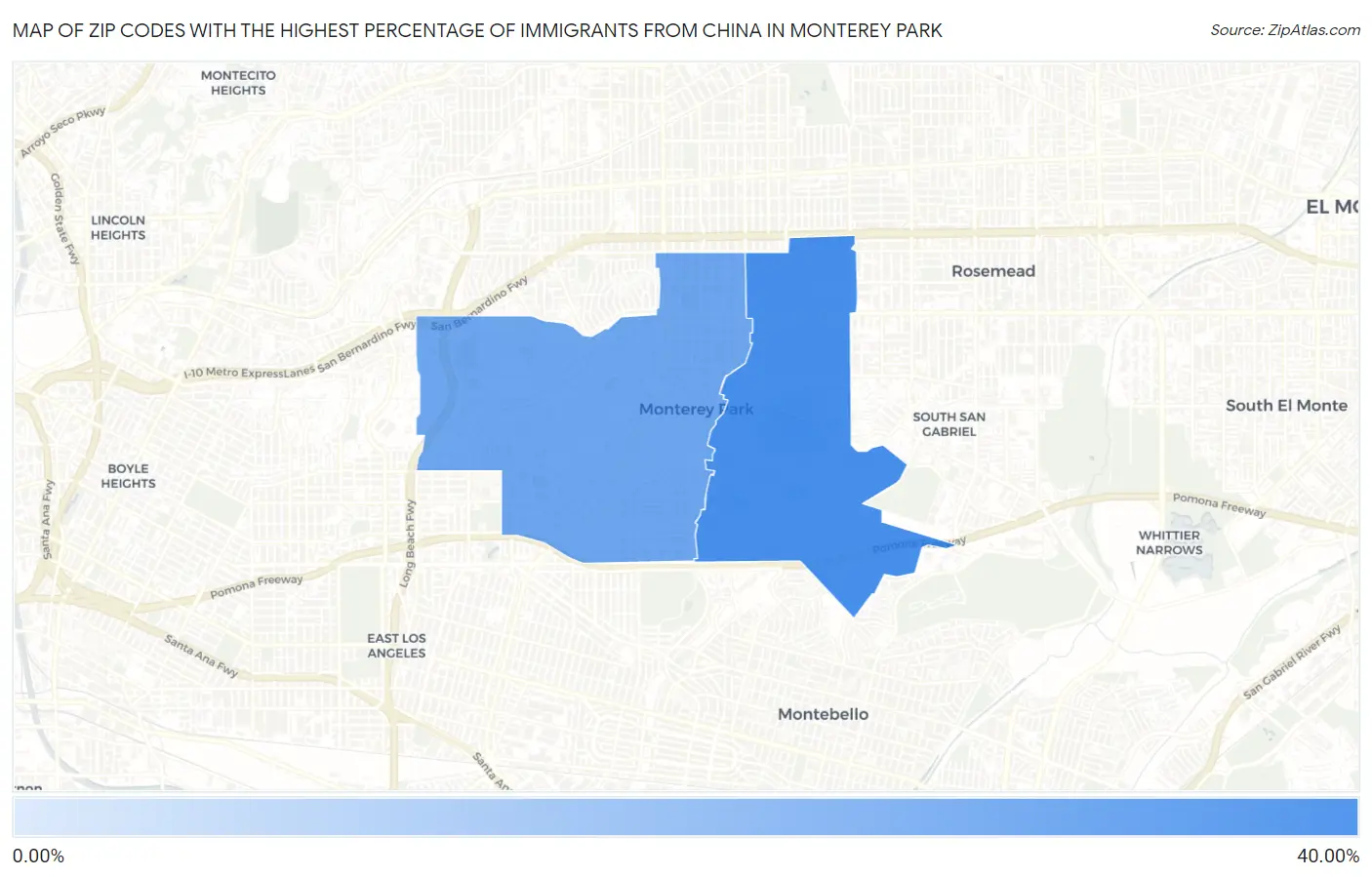 Zip Codes with the Highest Percentage of Immigrants from China in Monterey Park Map