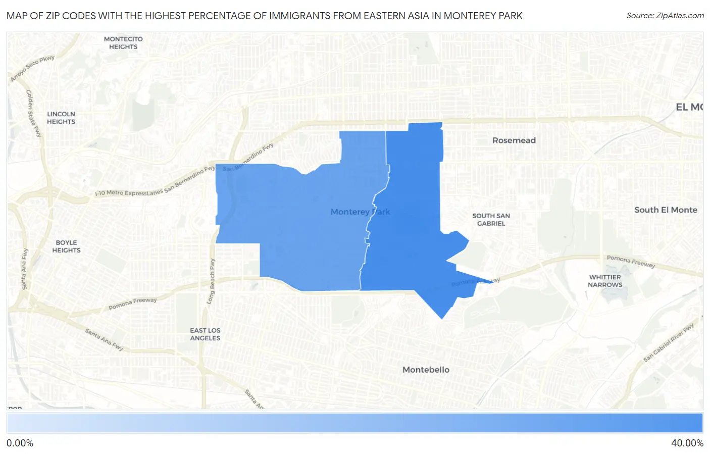 Zip Codes with the Highest Percentage of Immigrants from Eastern Asia in Monterey Park Map