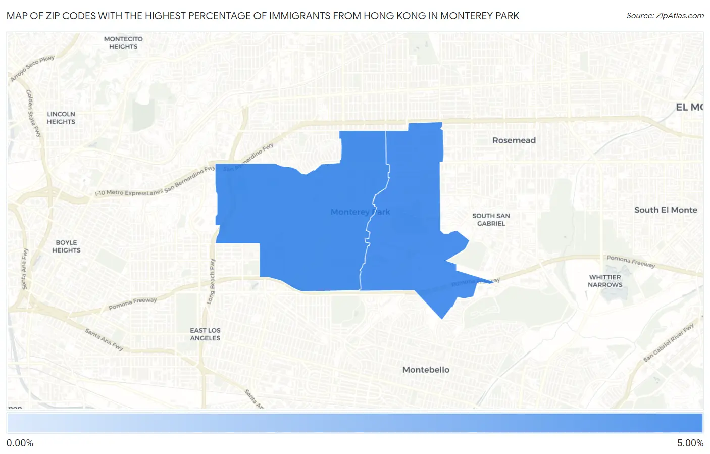 Zip Codes with the Highest Percentage of Immigrants from Hong Kong in Monterey Park Map