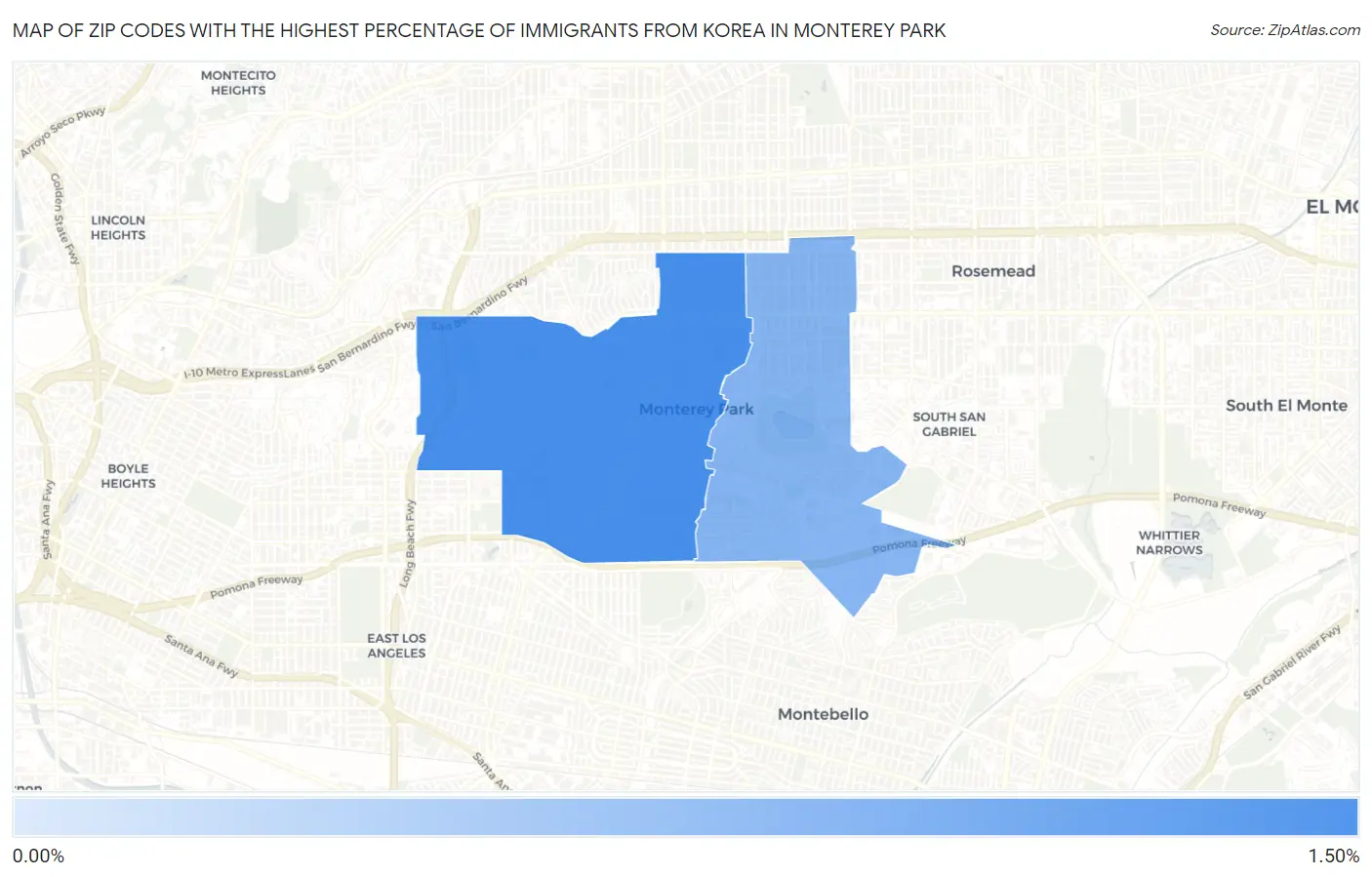 Zip Codes with the Highest Percentage of Immigrants from Korea in Monterey Park Map