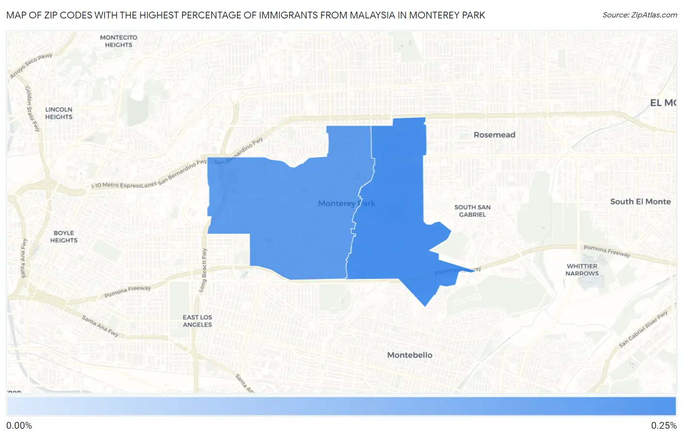 Zip Codes with the Highest Percentage of Immigrants from Malaysia in Monterey Park Map