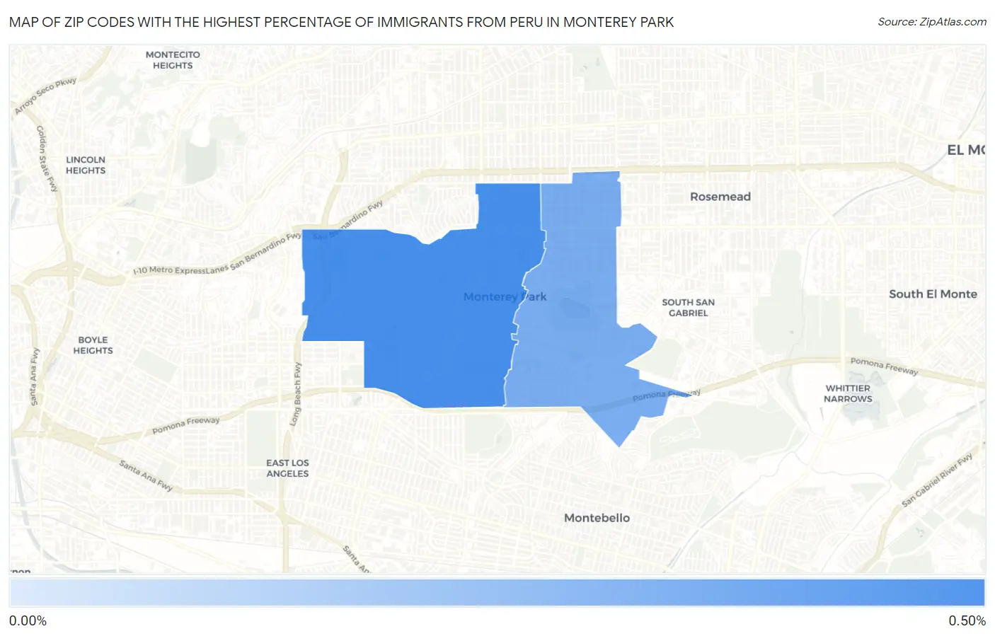 Zip Codes with the Highest Percentage of Immigrants from Peru in Monterey Park Map