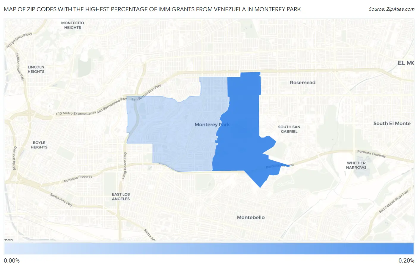 Zip Codes with the Highest Percentage of Immigrants from Venezuela in Monterey Park Map