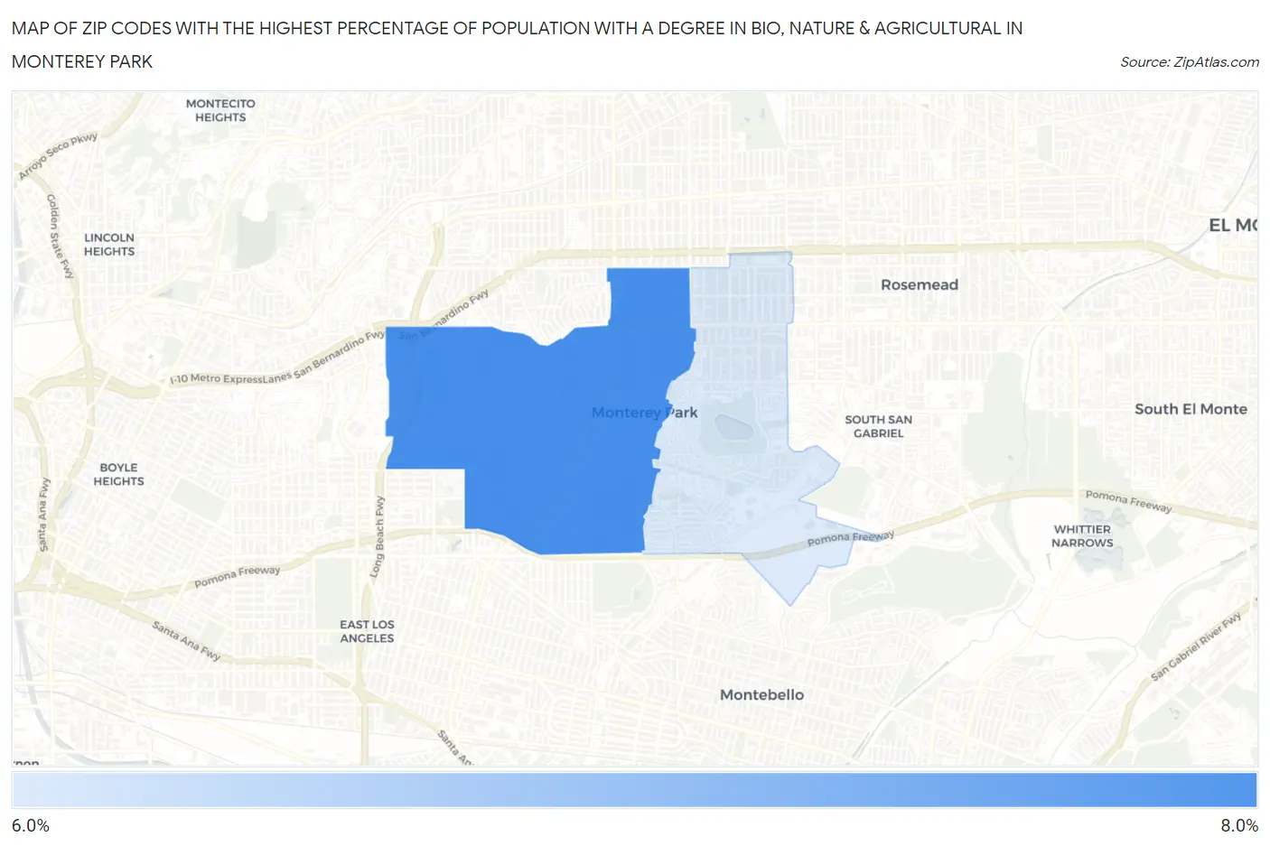 Zip Codes with the Highest Percentage of Population with a Degree in Bio, Nature & Agricultural in Monterey Park Map