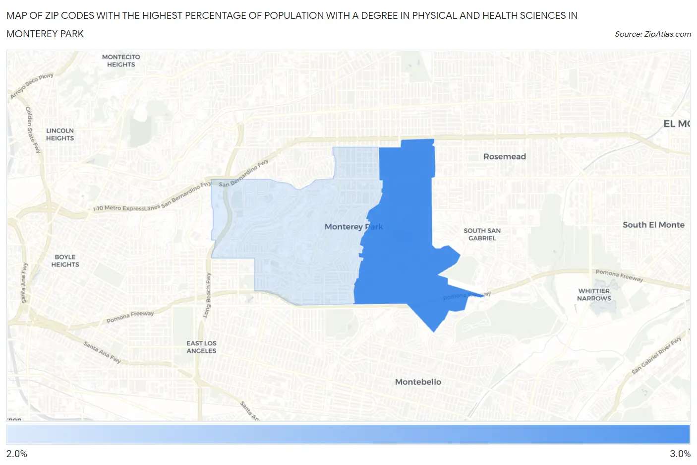 Zip Codes with the Highest Percentage of Population with a Degree in Physical and Health Sciences in Monterey Park Map