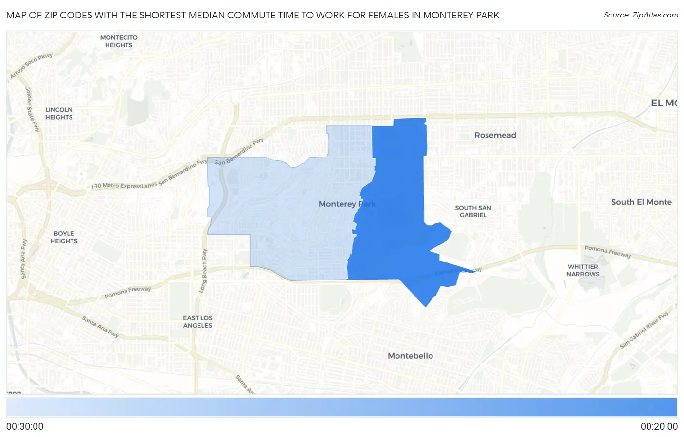 Zip Codes with the Shortest Median Commute Time to Work for Females in Monterey Park Map