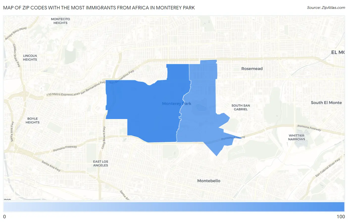 Zip Codes with the Most Immigrants from Africa in Monterey Park Map