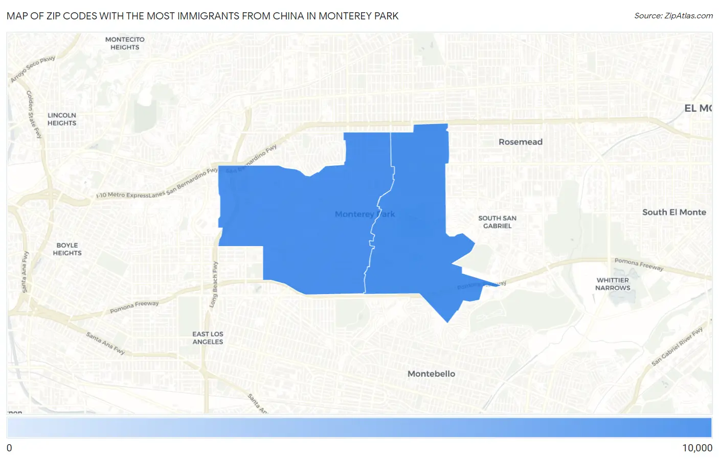 Zip Codes with the Most Immigrants from China in Monterey Park Map