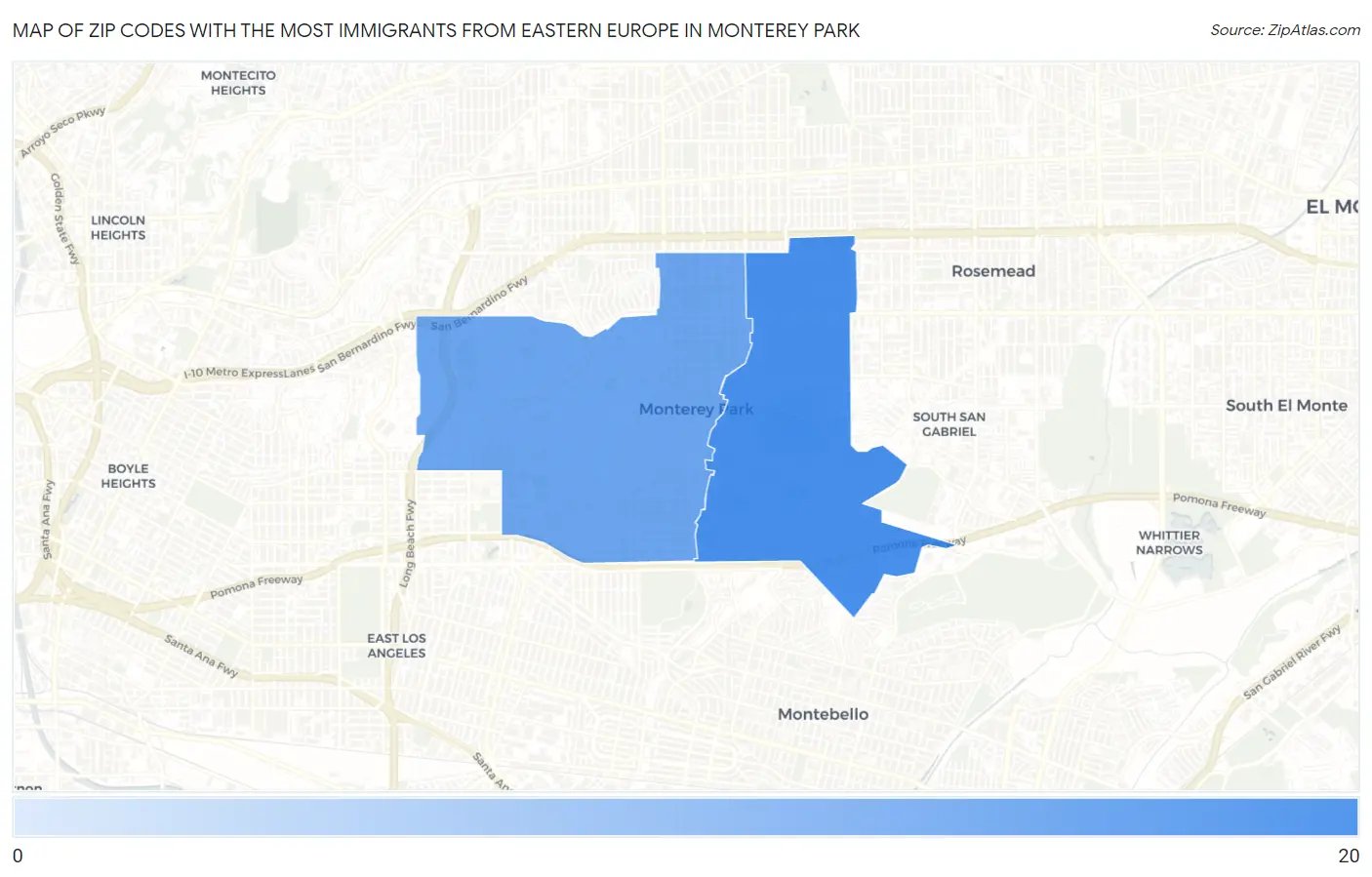 Zip Codes with the Most Immigrants from Eastern Europe in Monterey Park Map