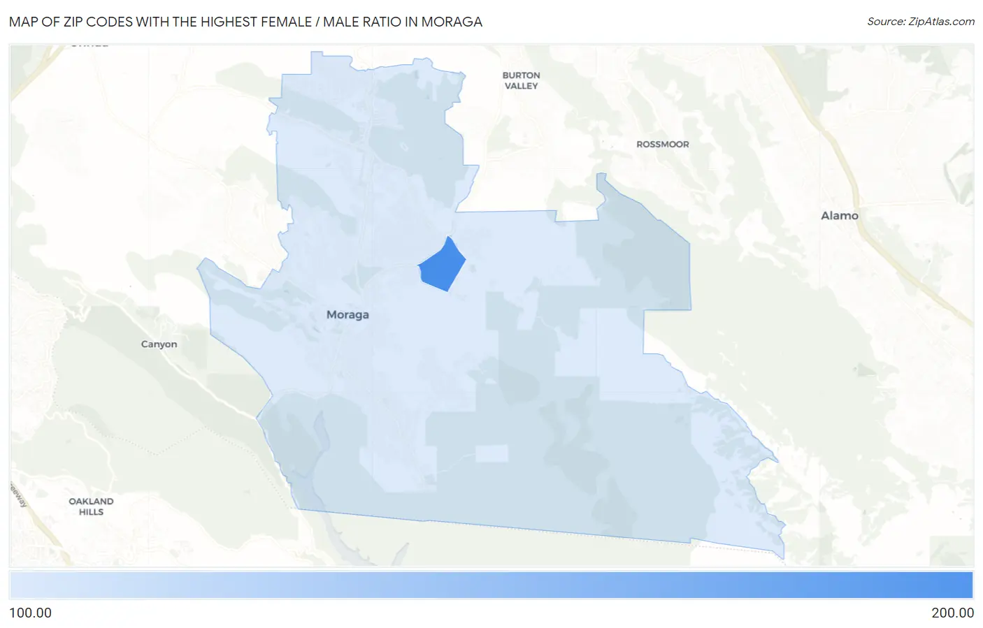 Zip Codes with the Highest Female / Male Ratio in Moraga Map