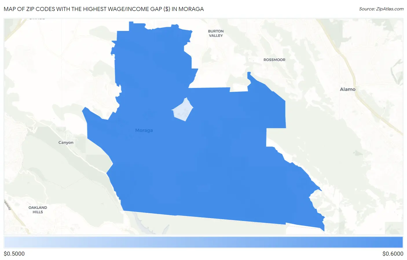 Zip Codes with the Highest Wage/Income Gap ($) in Moraga Map