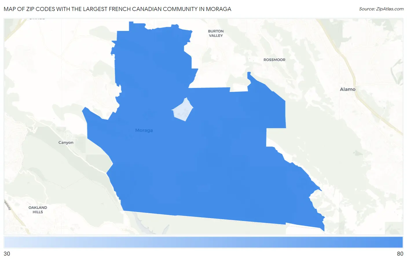 Zip Codes with the Largest French Canadian Community in Moraga Map