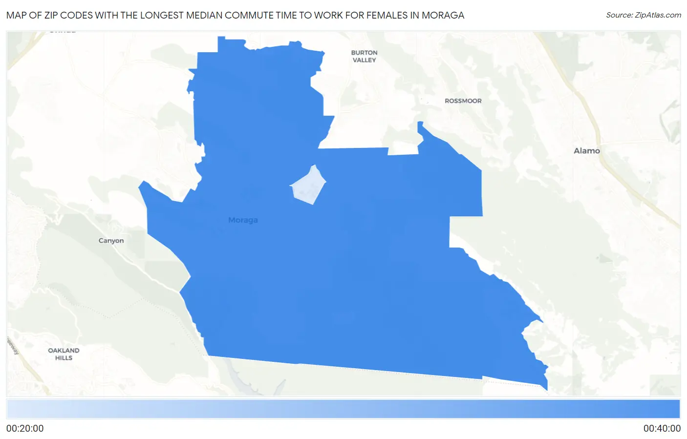 Zip Codes with the Longest Median Commute Time to Work for Females in Moraga Map