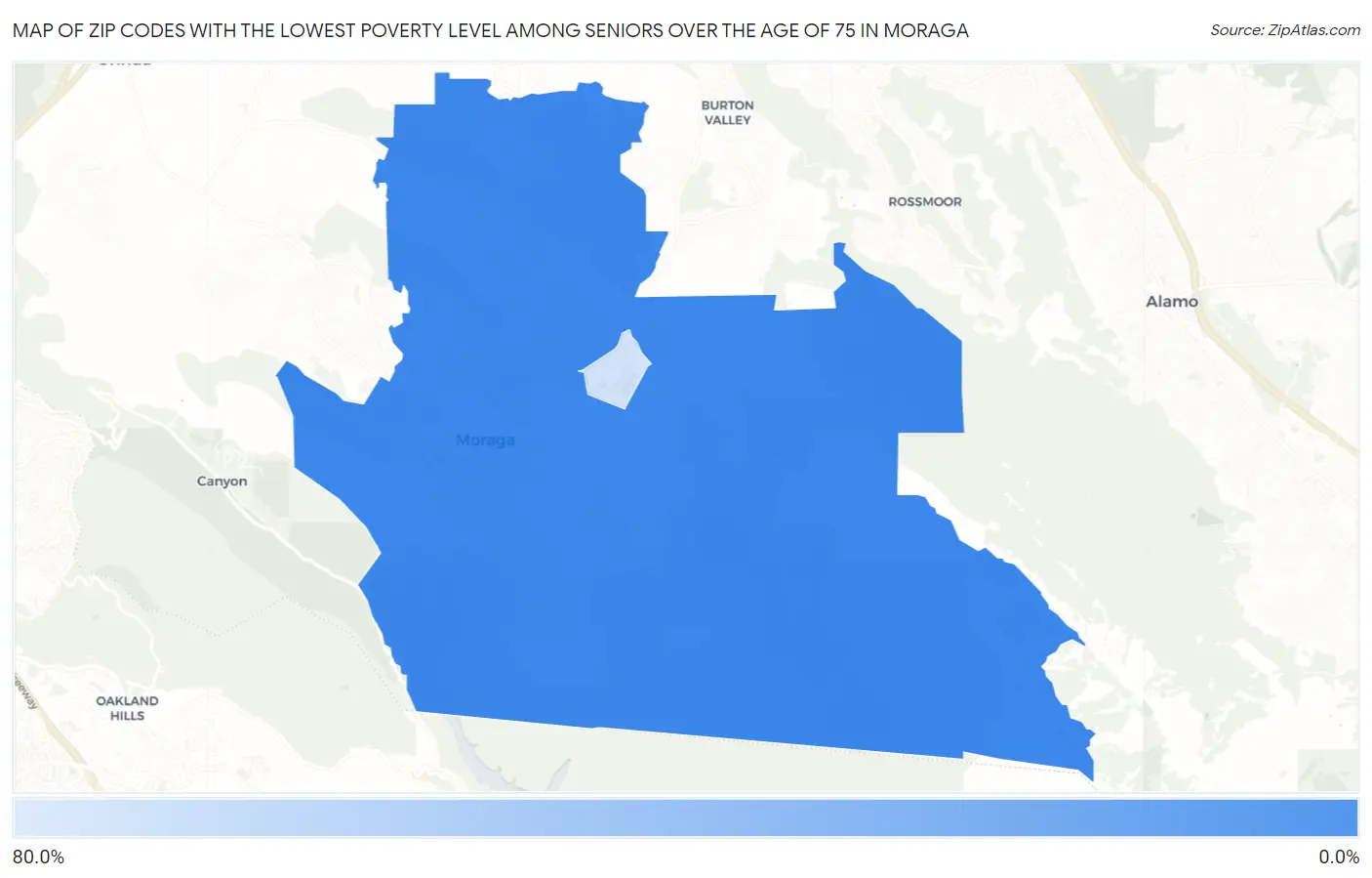 Zip Codes with the Lowest Poverty Level Among Seniors Over the Age of 75 in Moraga Map