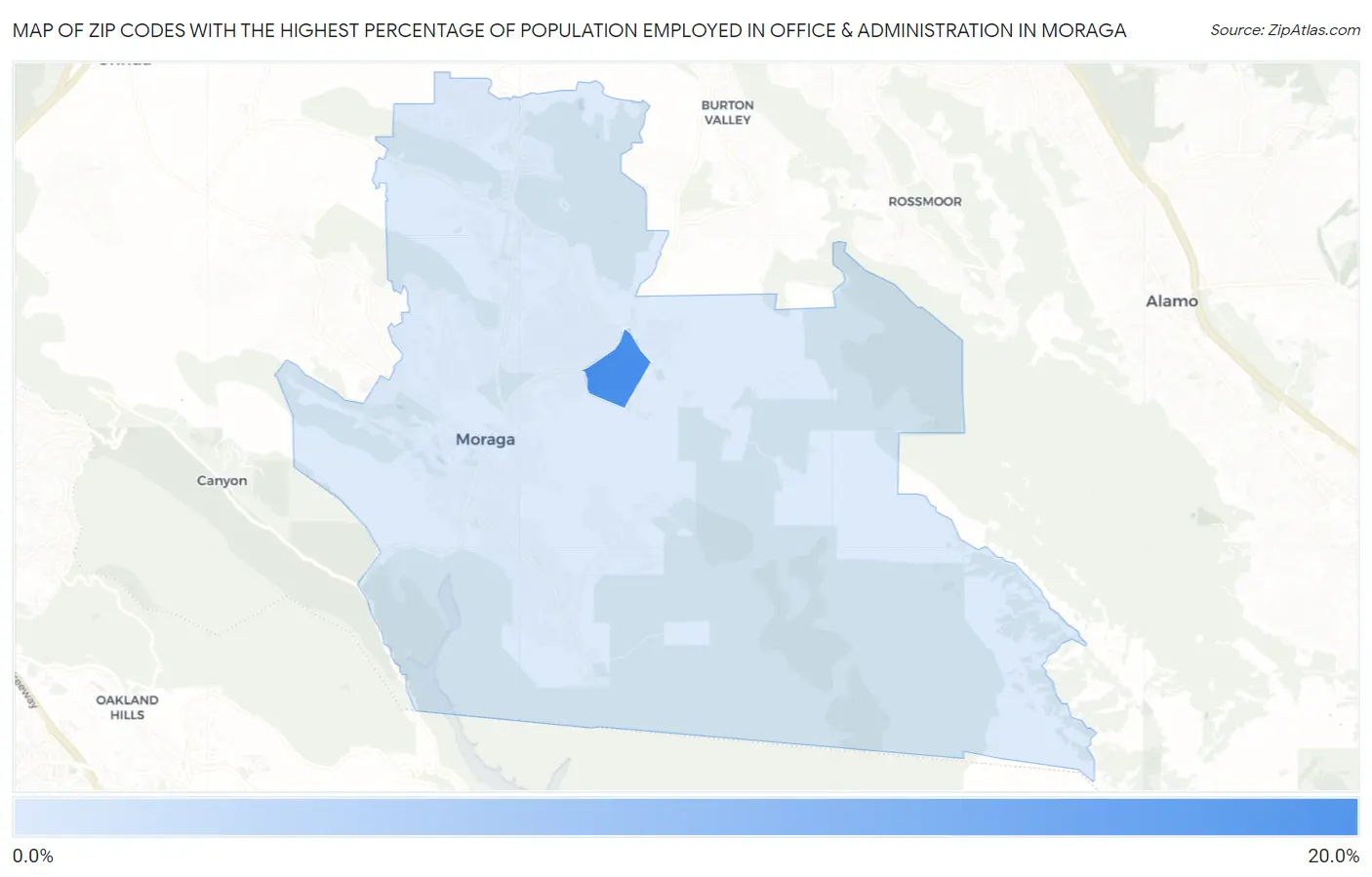 Zip Codes with the Highest Percentage of Population Employed in Office & Administration in Moraga Map