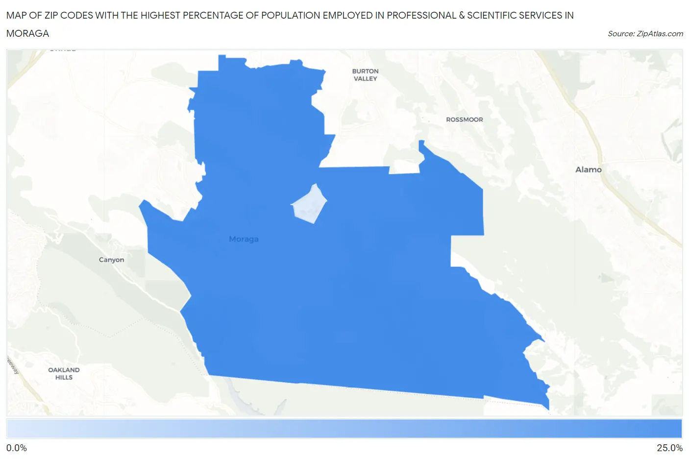 Zip Codes with the Highest Percentage of Population Employed in Professional & Scientific Services in Moraga Map