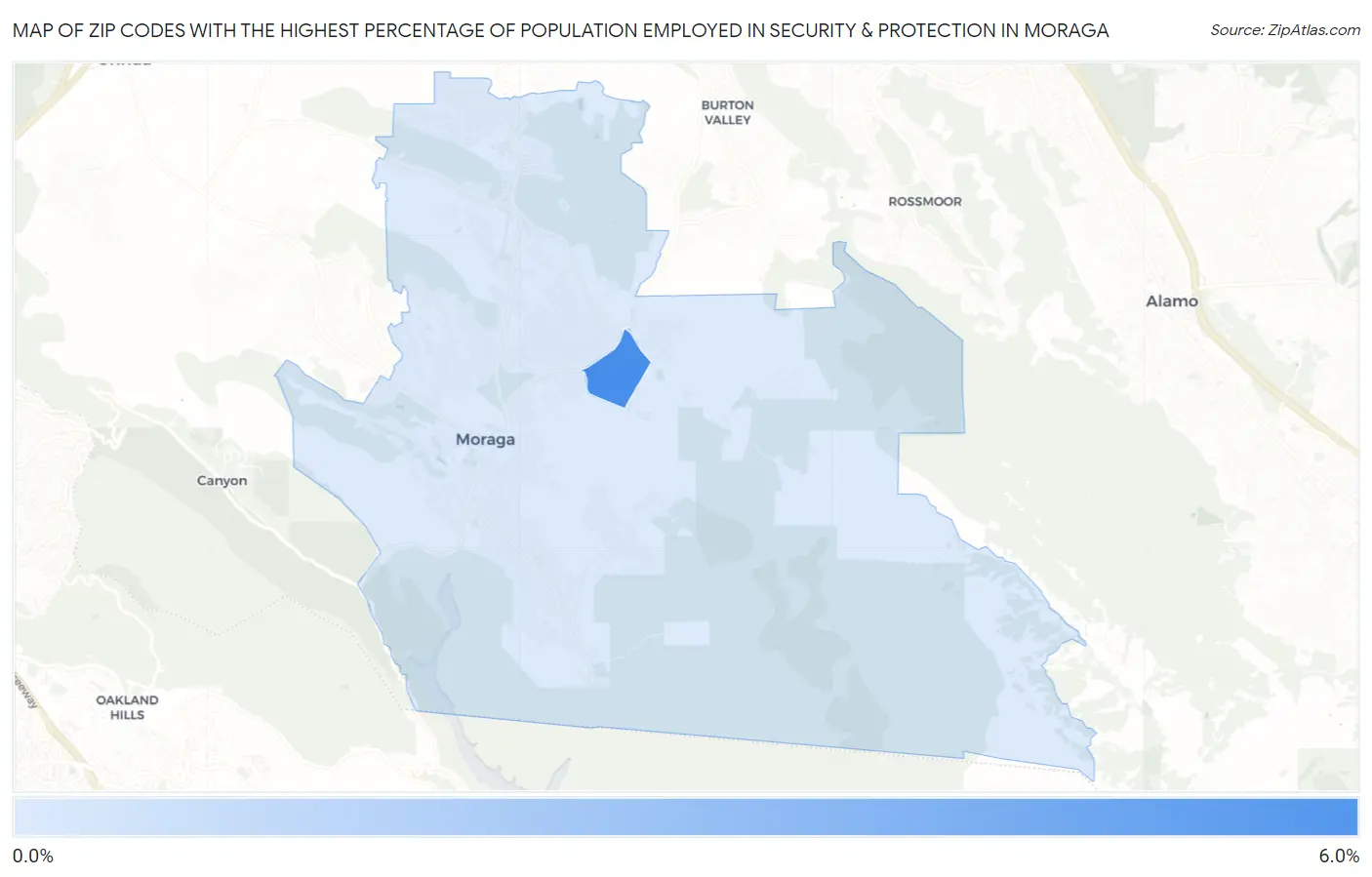 Zip Codes with the Highest Percentage of Population Employed in Security & Protection in Moraga Map