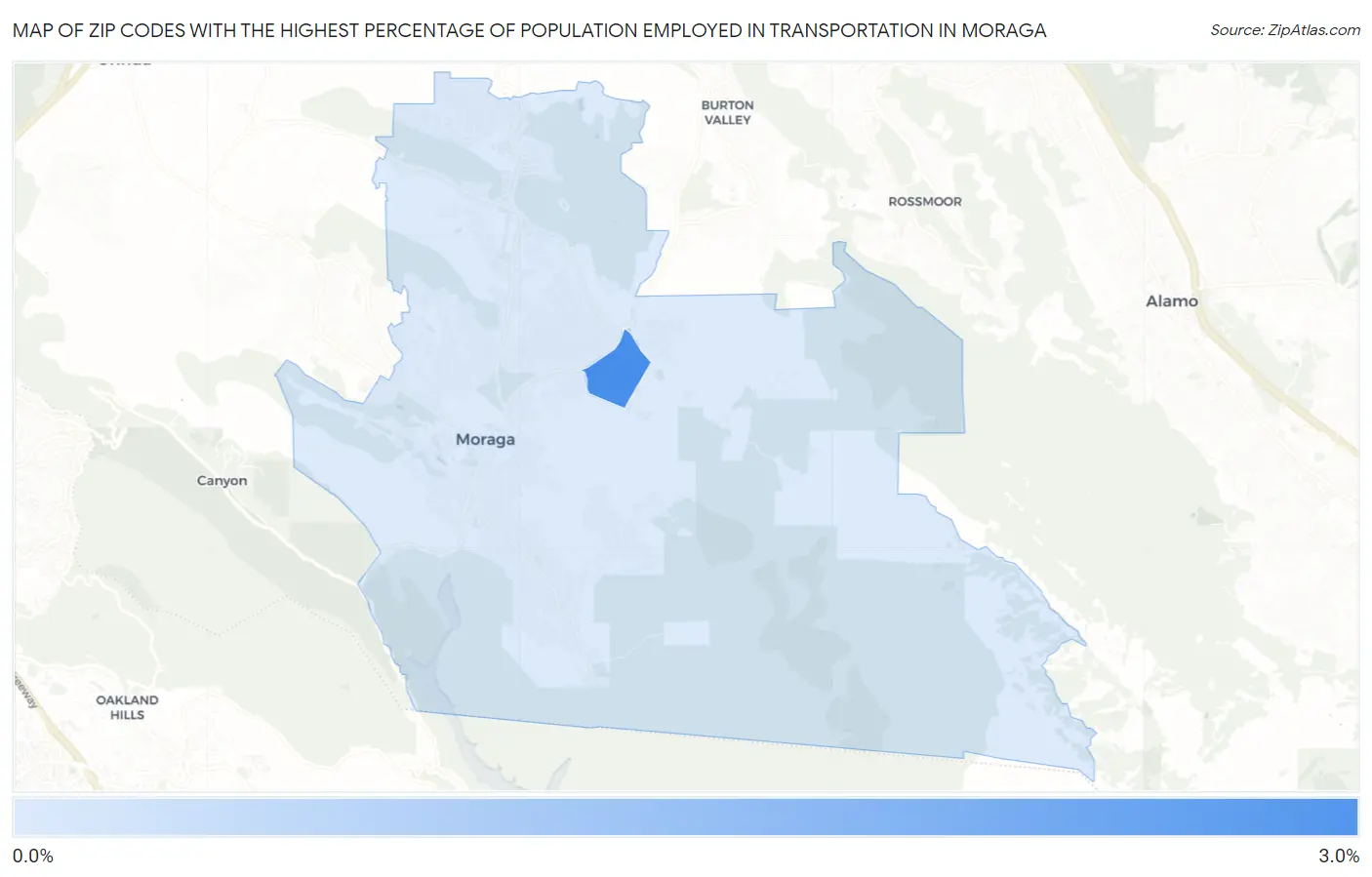 Zip Codes with the Highest Percentage of Population Employed in Transportation in Moraga Map