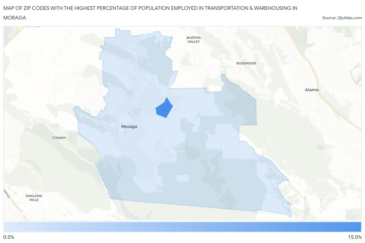 Zip Codes with the Highest Percentage of Population Employed in Transportation & Warehousing in Moraga Map