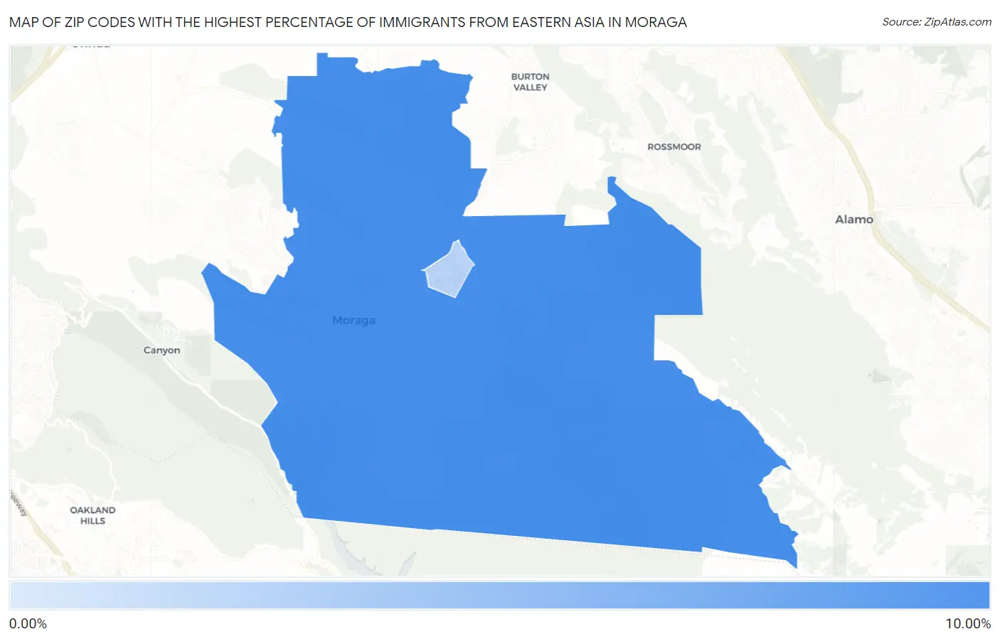 Zip Codes with the Highest Percentage of Immigrants from Eastern Asia in Moraga Map