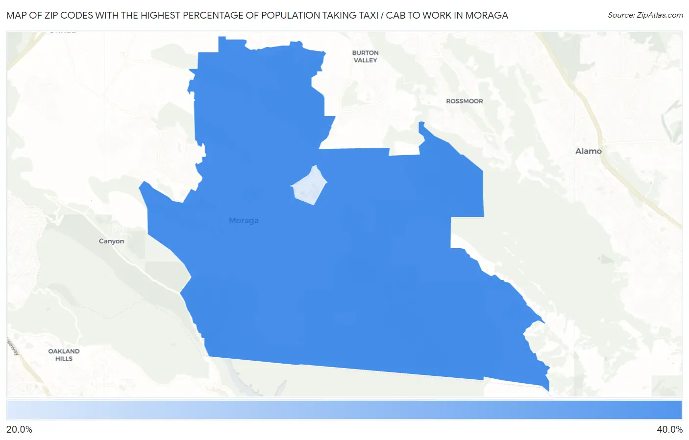 Zip Codes with the Highest Percentage of Population Taking Taxi / Cab to Work in Moraga Map