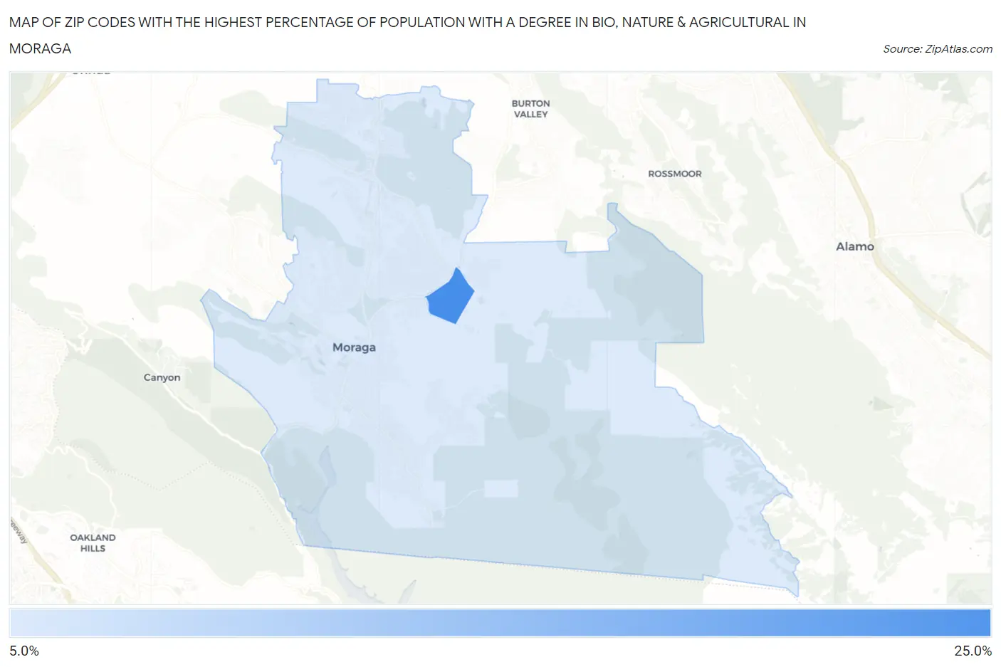 Zip Codes with the Highest Percentage of Population with a Degree in Bio, Nature & Agricultural in Moraga Map