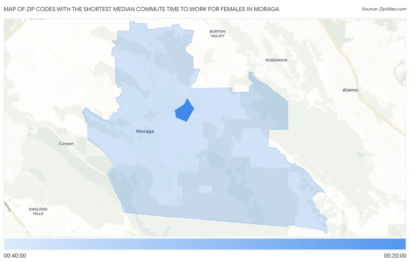 Zip Codes with the Shortest Median Commute Time to Work for Females in Moraga Map