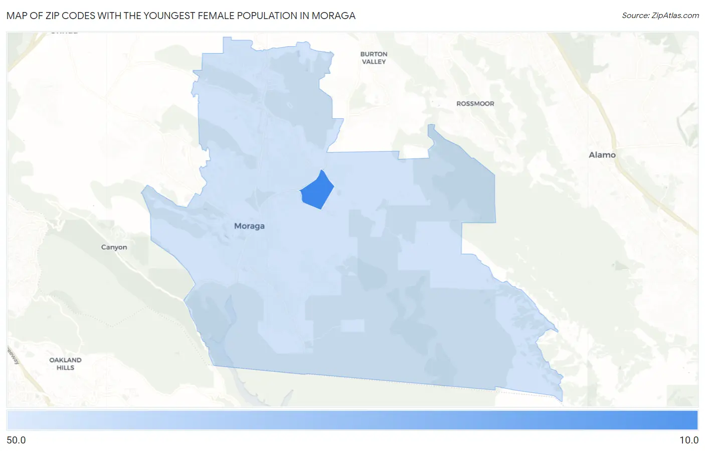 Zip Codes with the Youngest Female Population in Moraga Map