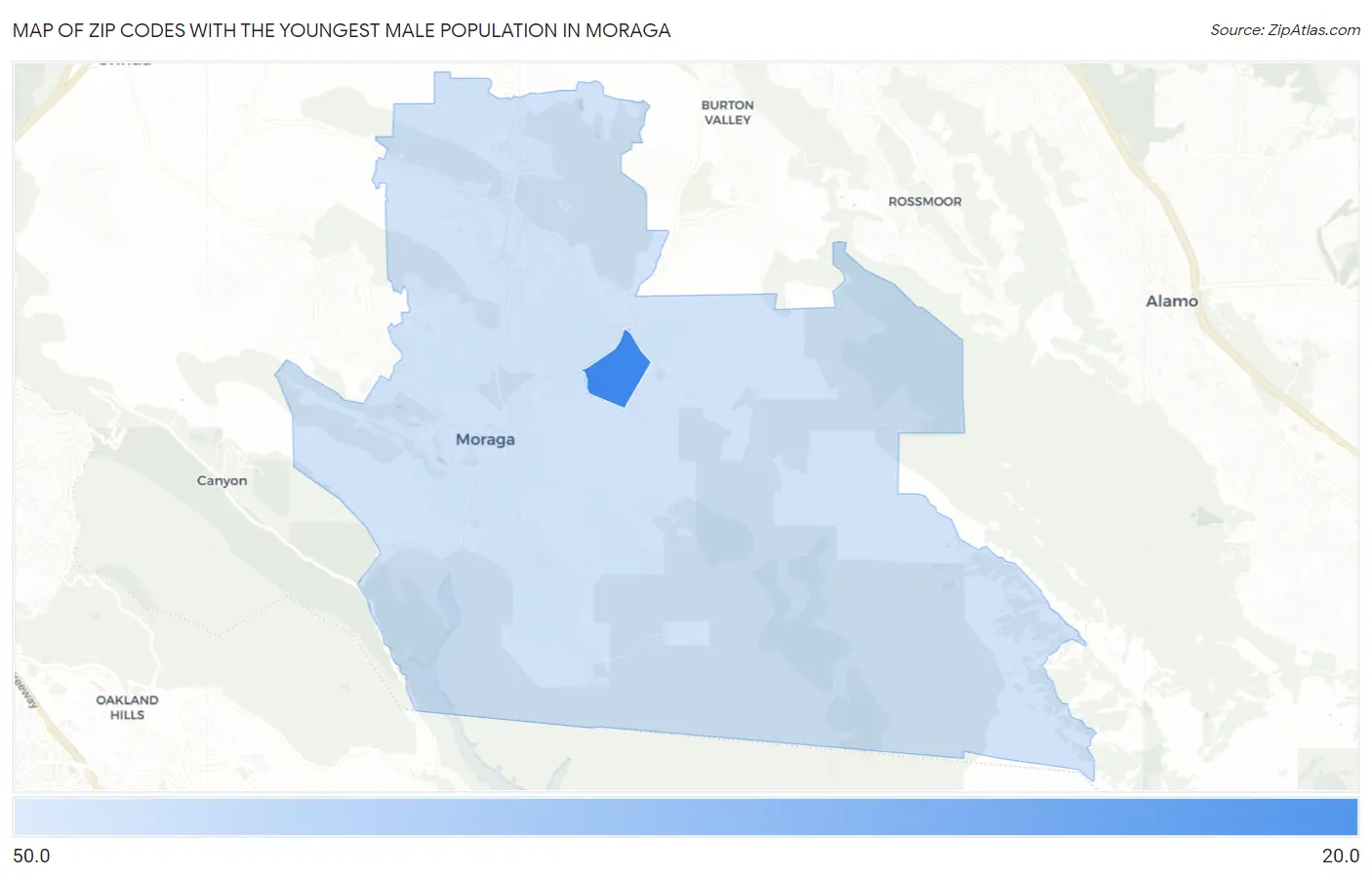 Zip Codes with the Youngest Male Population in Moraga Map