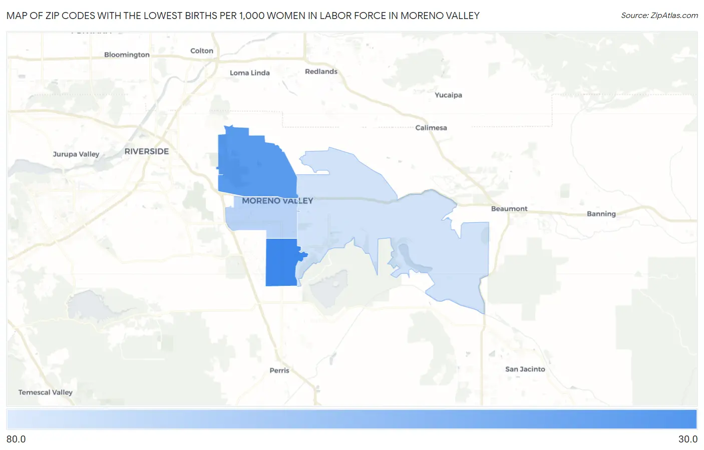 Zip Codes with the Lowest Births per 1,000 Women in Labor Force in Moreno Valley Map