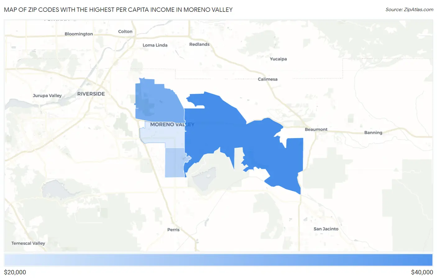 Zip Codes with the Highest Per Capita Income in Moreno Valley Map