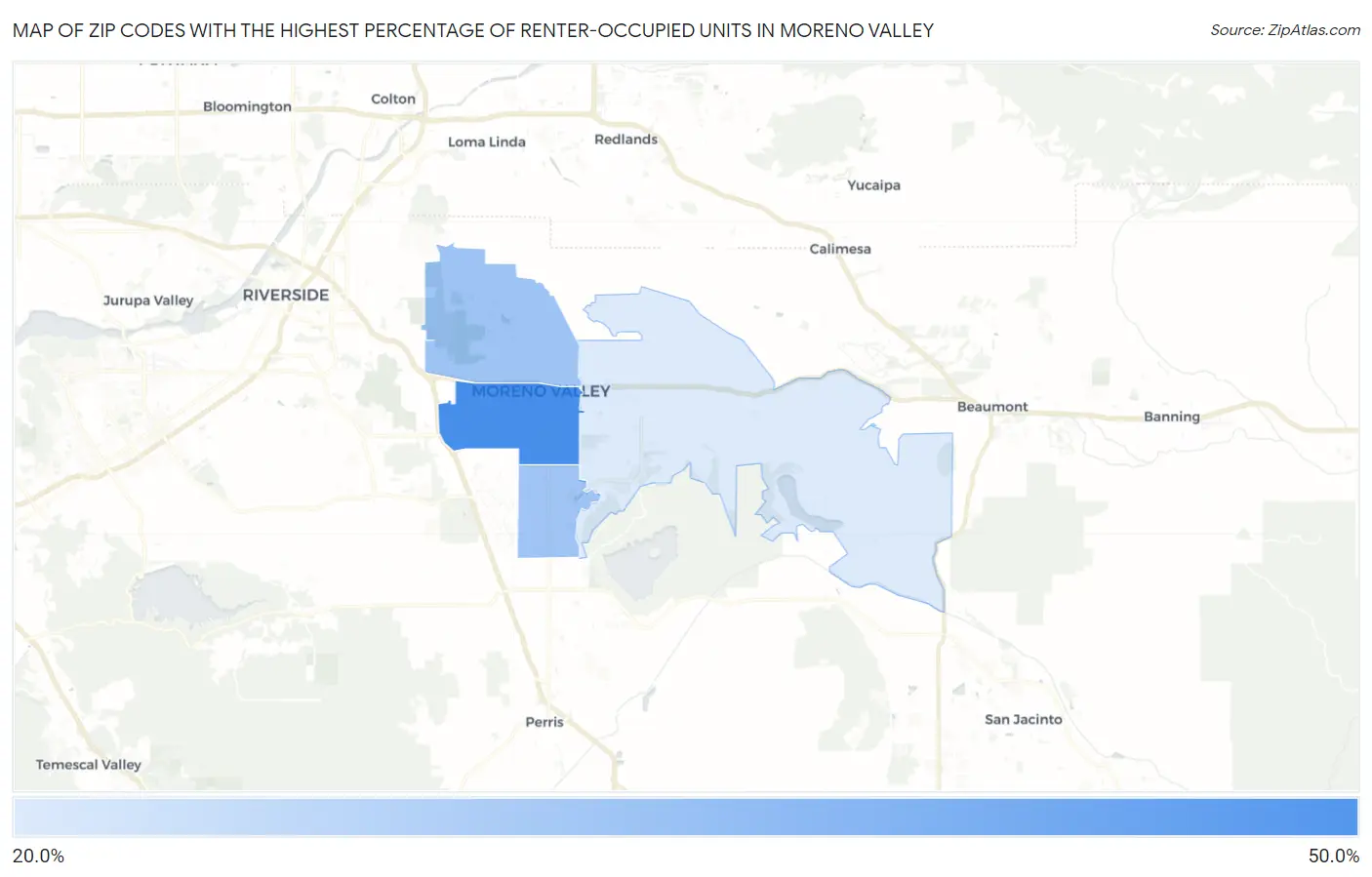 Zip Codes with the Highest Percentage of Renter-Occupied Units in Moreno Valley Map