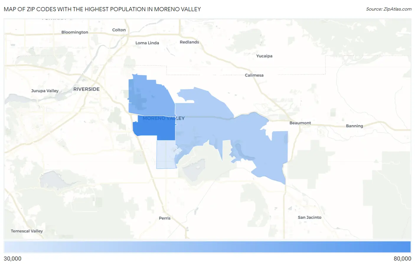 Zip Codes with the Highest Population in Moreno Valley Map