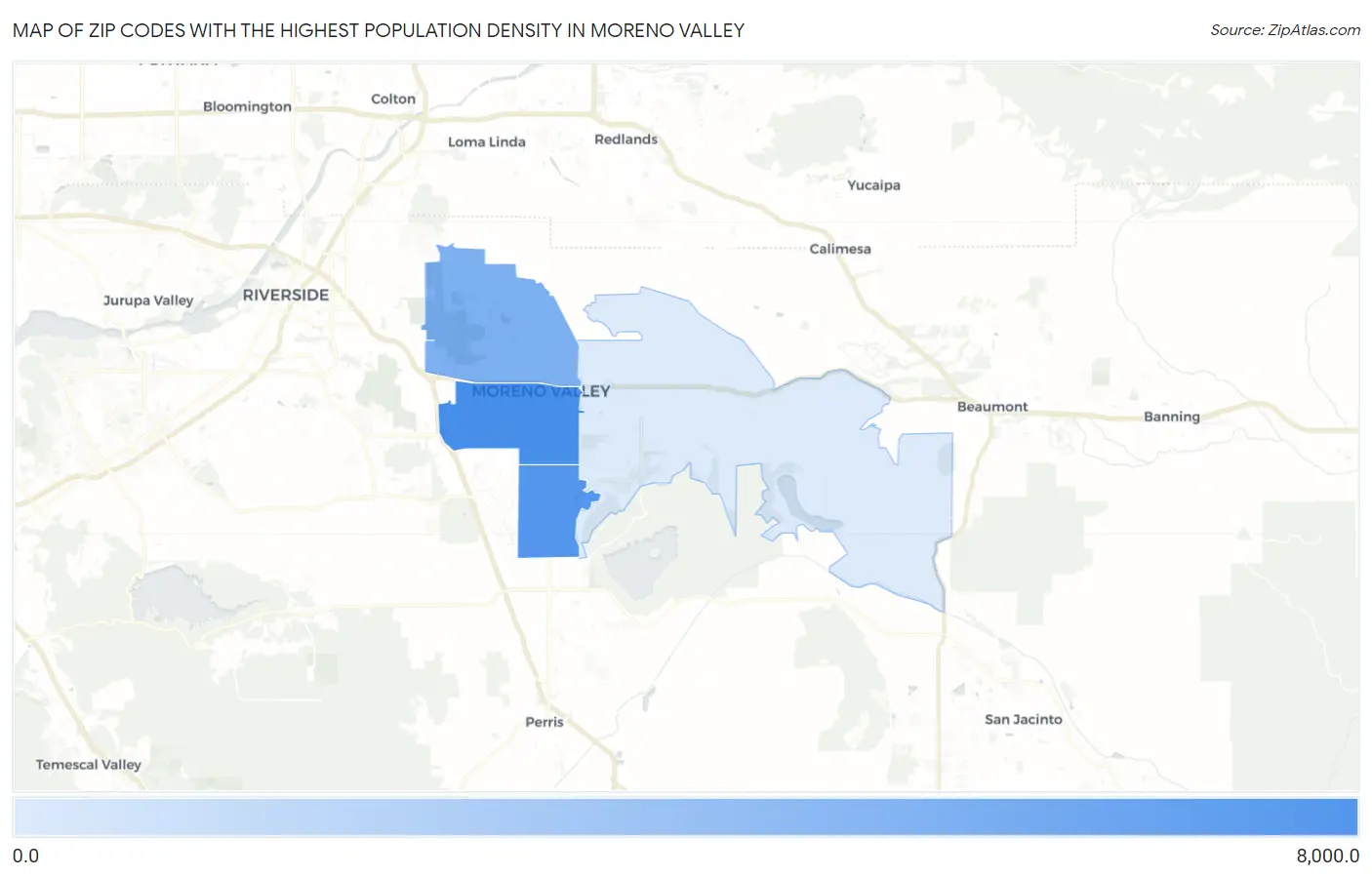 Zip Codes with the Highest Population Density in Moreno Valley Map