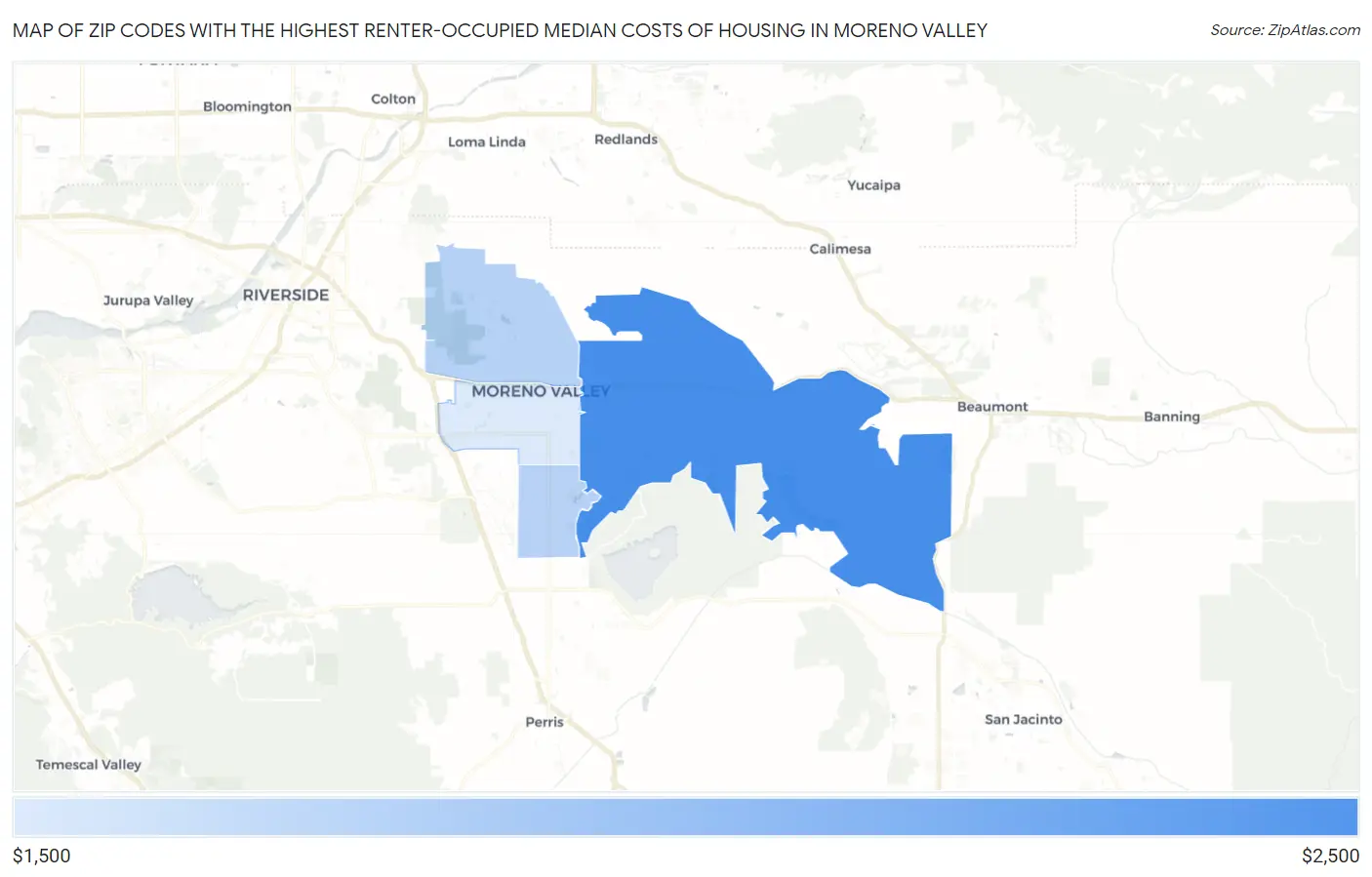 Zip Codes with the Highest Renter-Occupied Median Costs of Housing in Moreno Valley Map