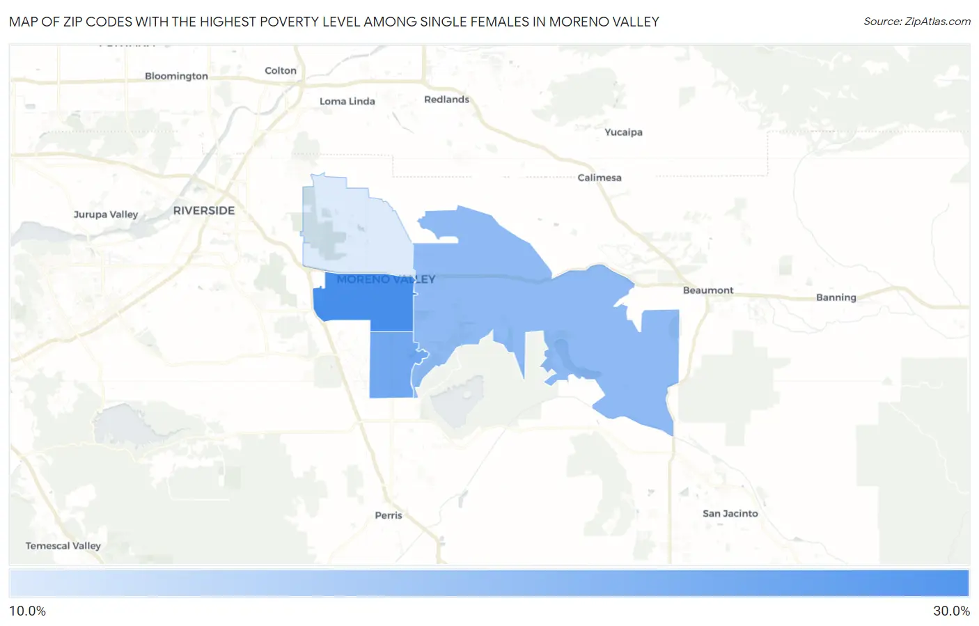Zip Codes with the Highest Poverty Level Among Single Females in Moreno Valley Map