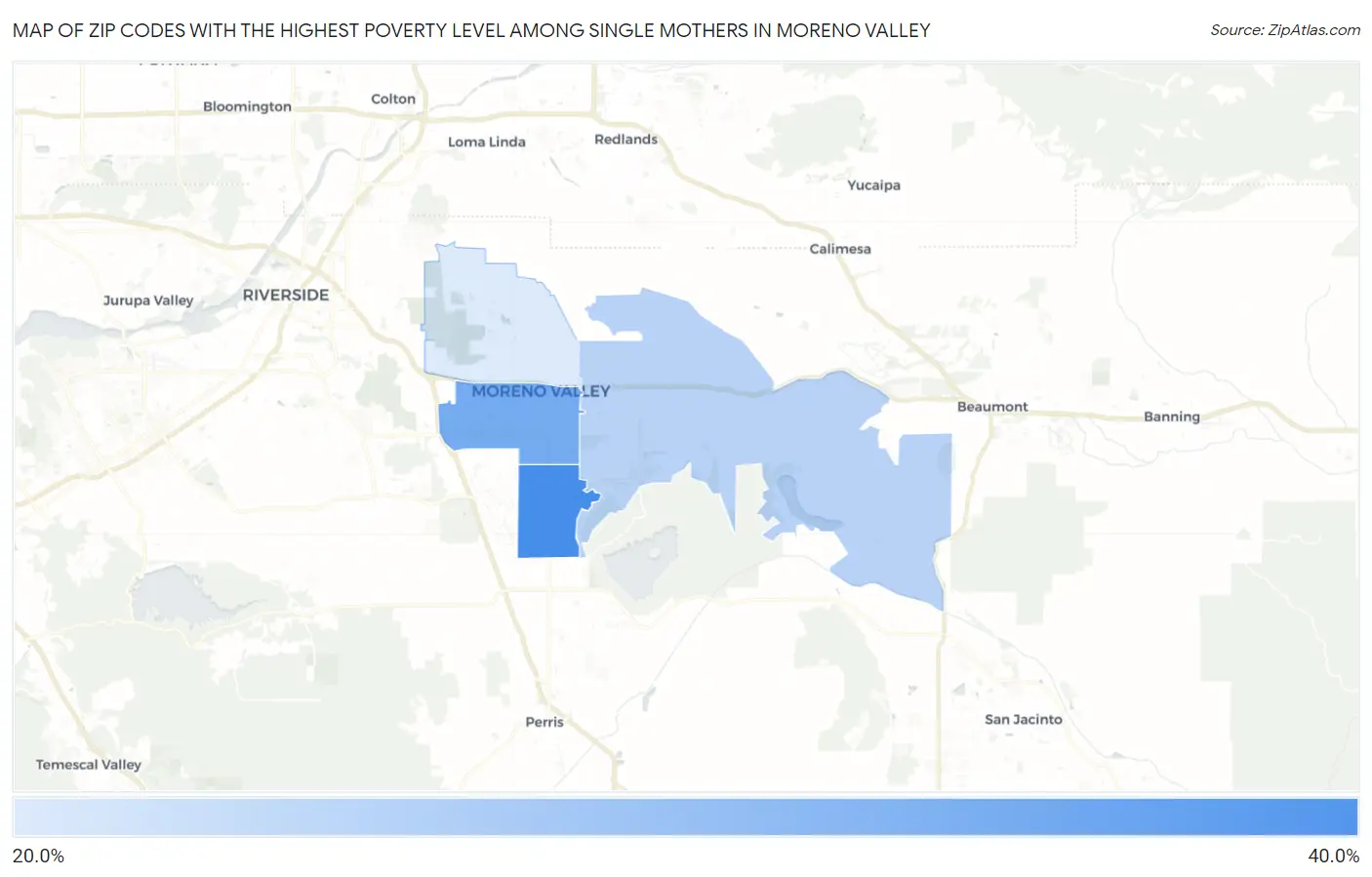 Zip Codes with the Highest Poverty Level Among Single Mothers in Moreno Valley Map
