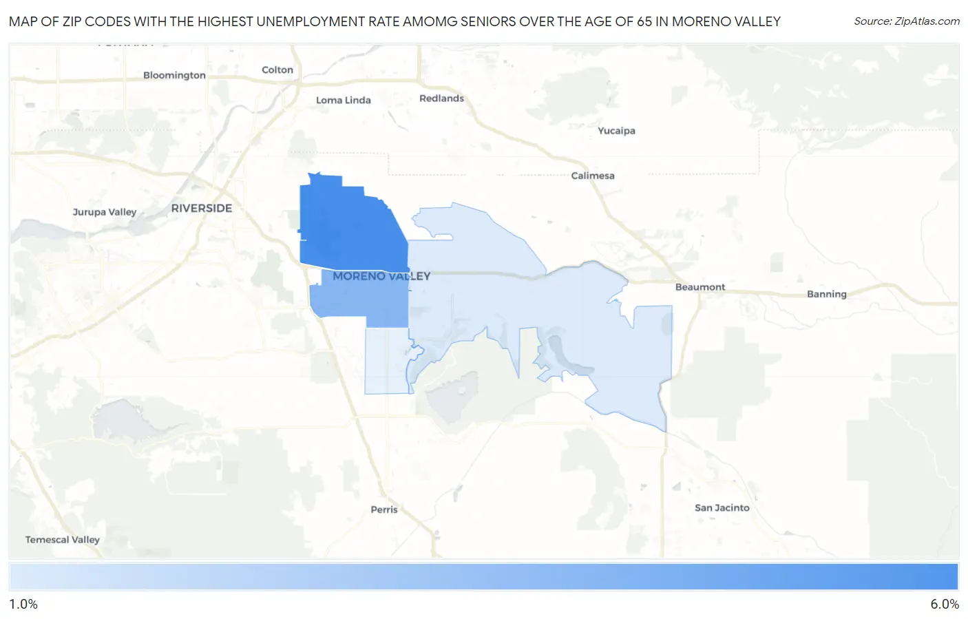 Zip Codes with the Highest Unemployment Rate Amomg Seniors Over the Age of 65 in Moreno Valley Map