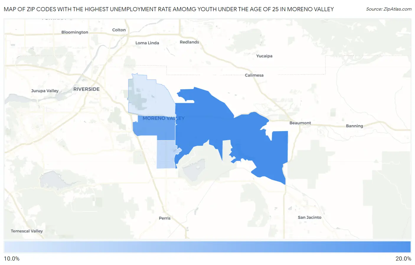 Zip Codes with the Highest Unemployment Rate Amomg Youth Under the Age of 25 in Moreno Valley Map