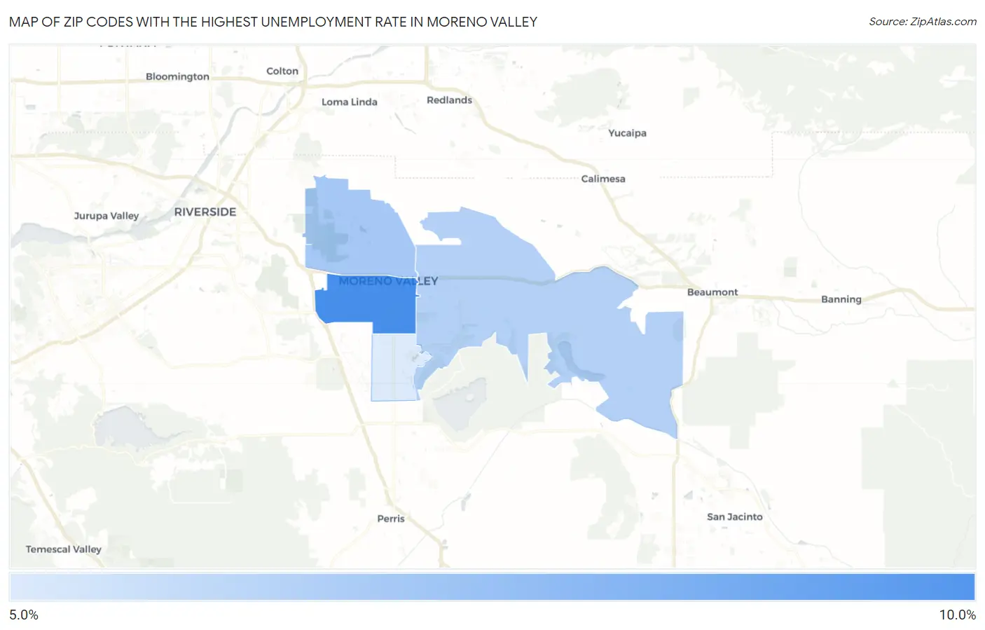 Zip Codes with the Highest Unemployment Rate in Moreno Valley Map