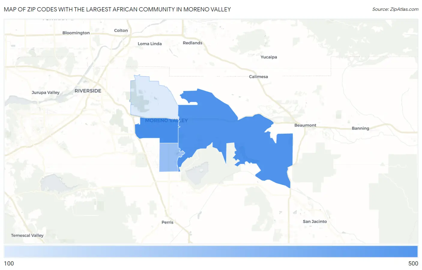 Zip Codes with the Largest African Community in Moreno Valley Map